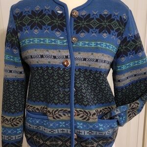 GEIGER Coogi Style Cardigan Sweater Button Up Pure New Wool Blue Sz 34